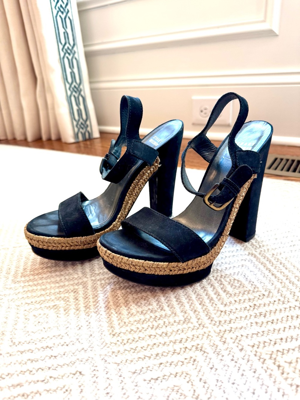 Stuart Weitzman “Strutting” Black Nubuck Block Heel Sandals